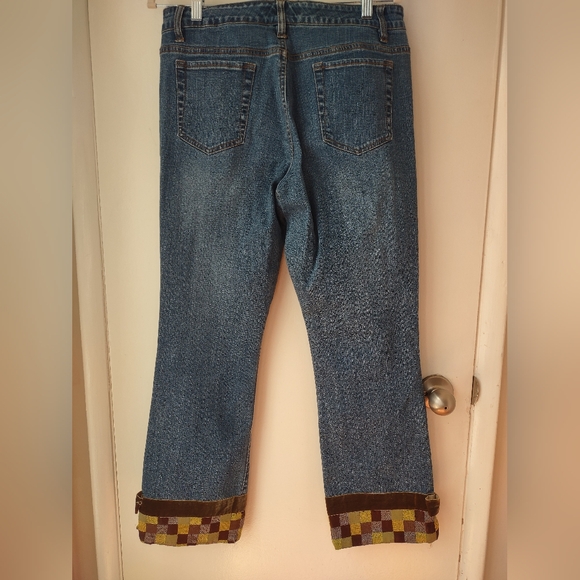 Women's Blue Jeans with Patterned Cuffs - Picture 2 of 8